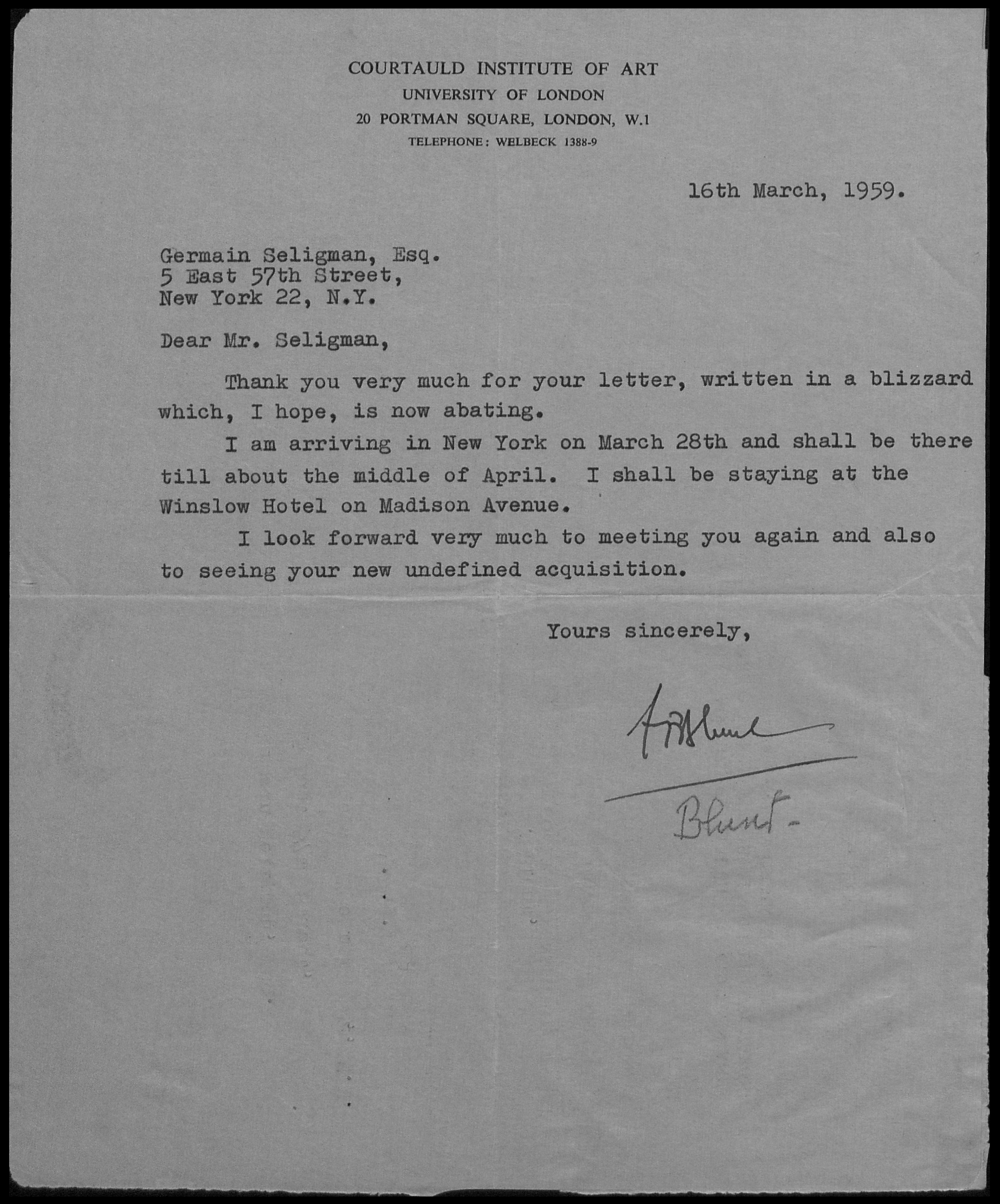 Anthony Blunt to Germain Seligman