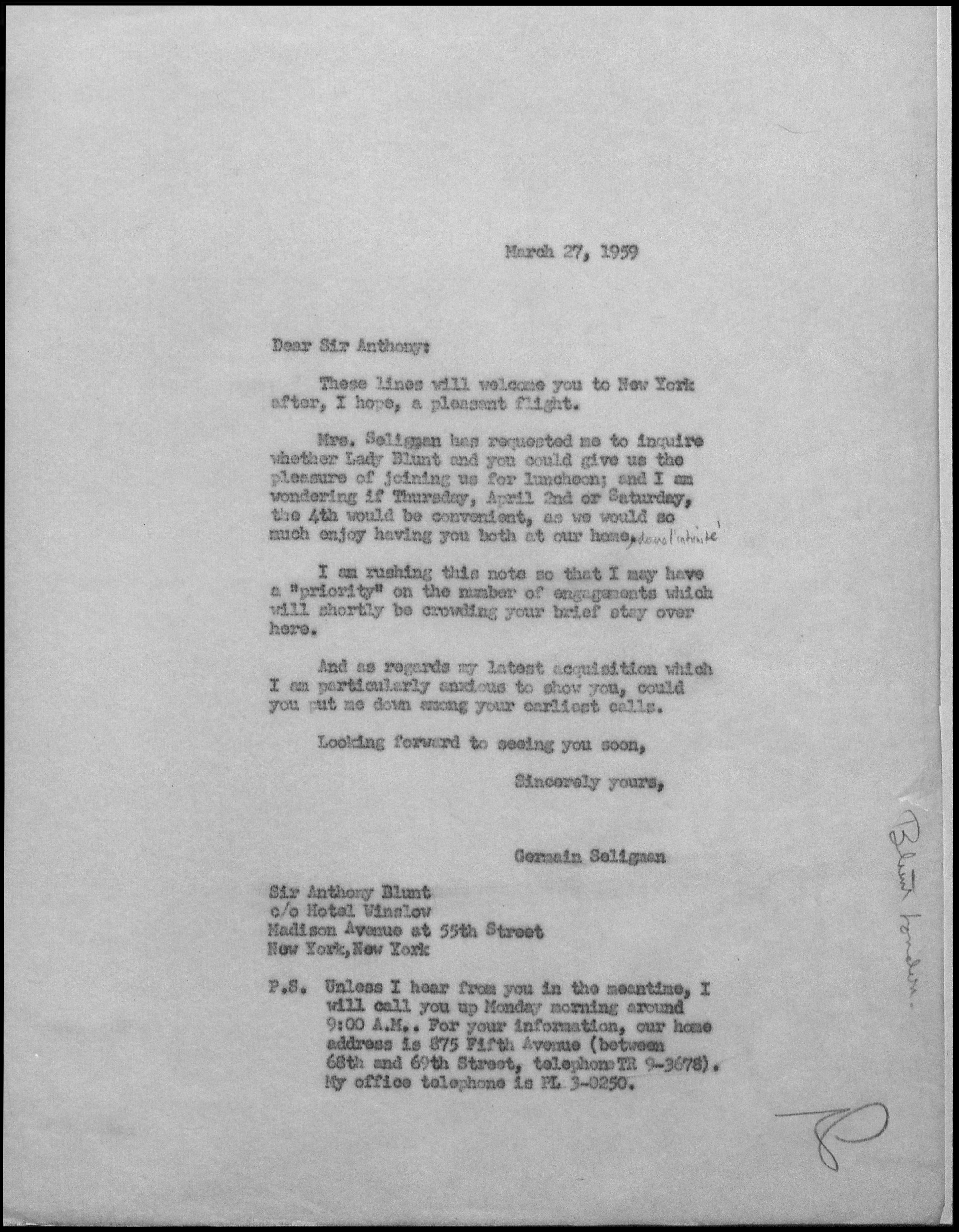 Germain Seligman to Anthony Blunt